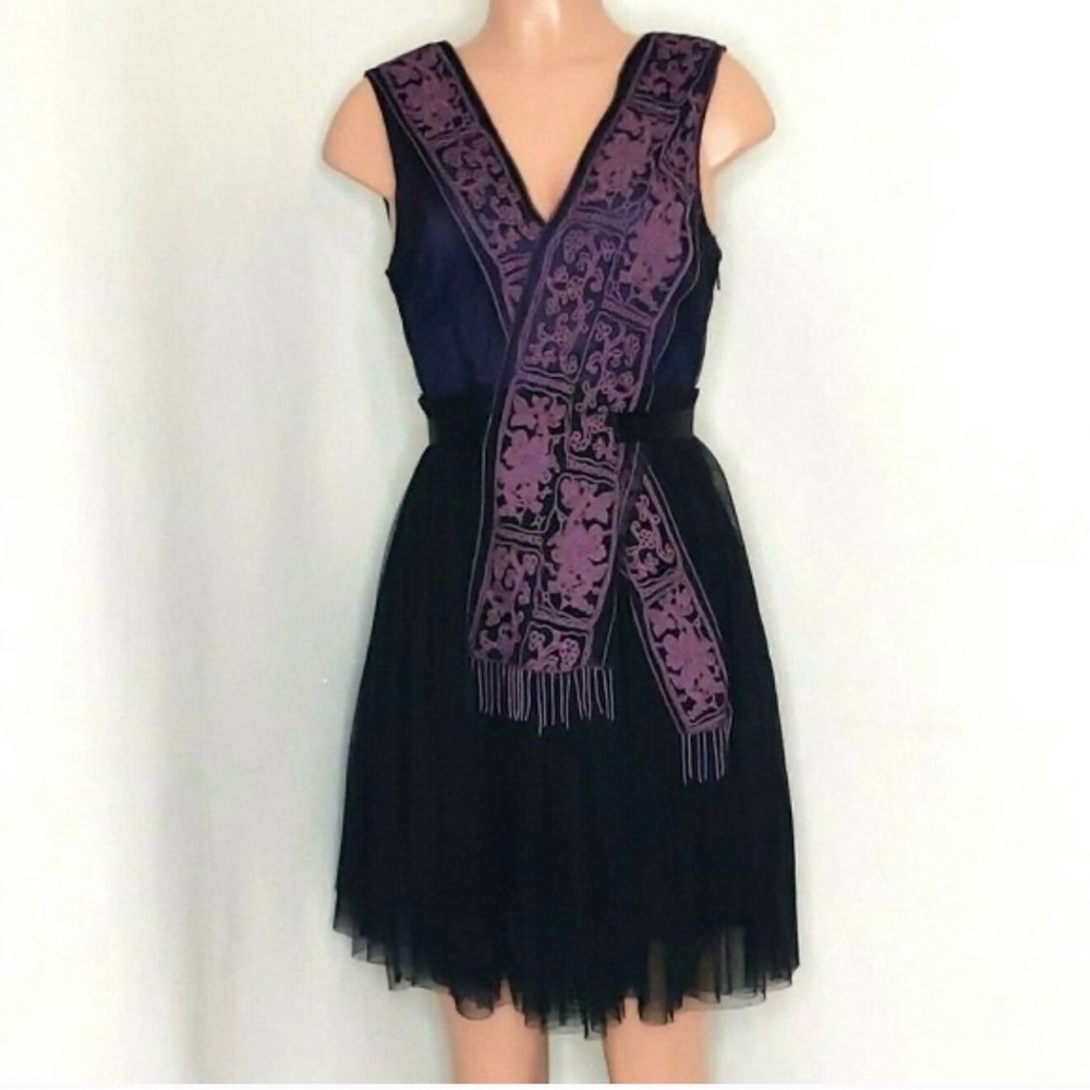 Plenty by Tracy Reese Black and Purple Embellished Tiered Midi Dress